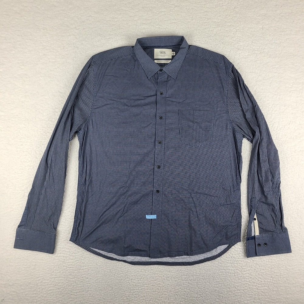 WRK‎ The Reworked Shirt Mens XL Blue Geometric Stretch Dress Button Down